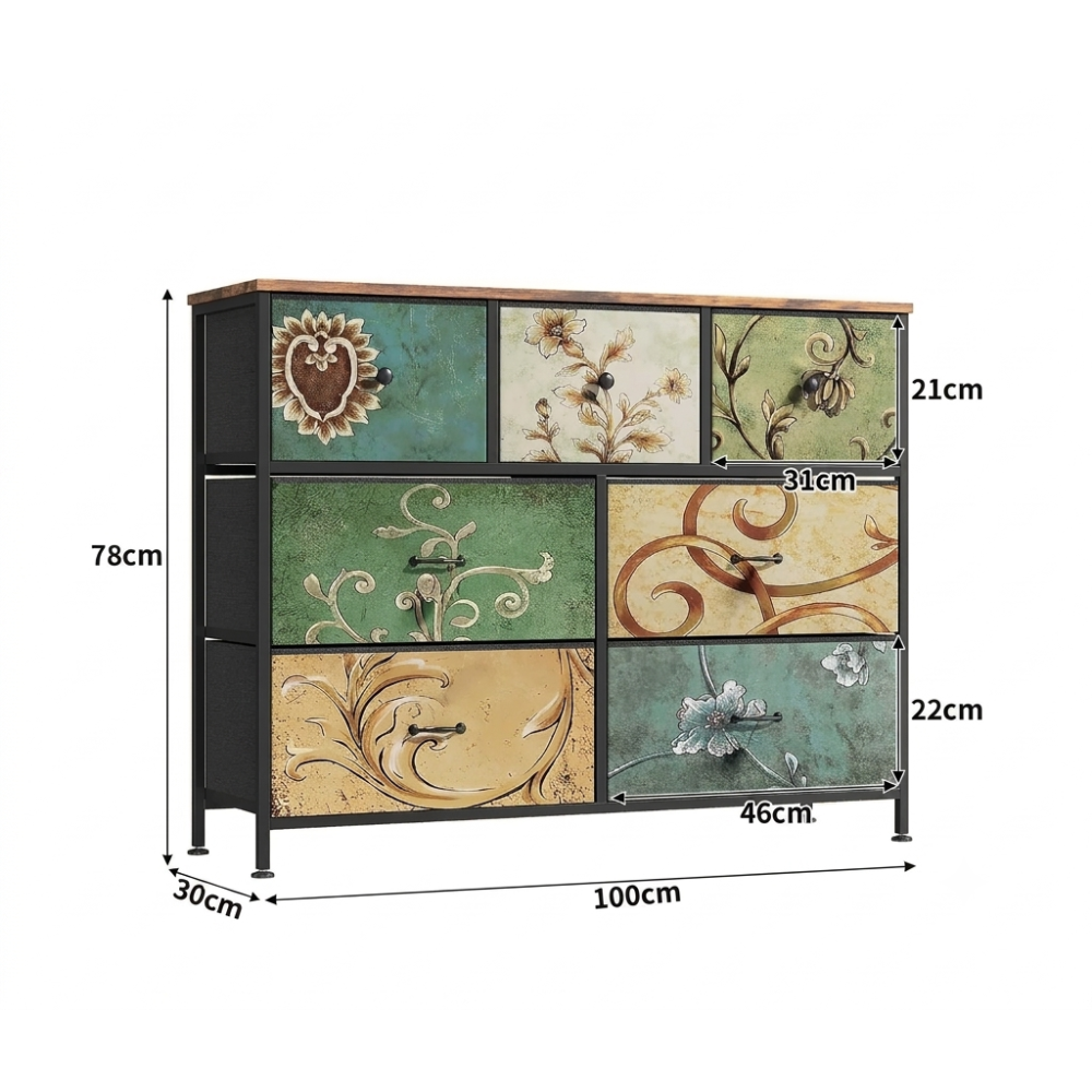 7- Delige Kast - Vintage Patroon Houten Uitstraling- Zwart Frame - Slaapkamer - Woonkamer