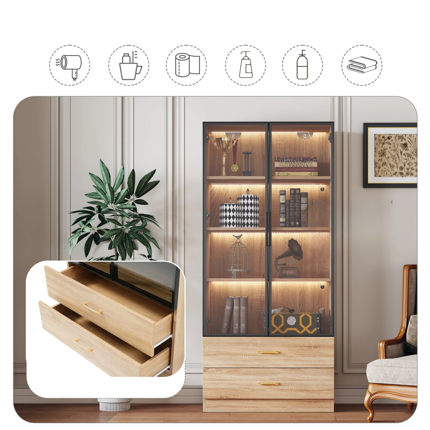Glazen Kast met LED Stripverlichting - 2 Grote Lades & 2 Deuren