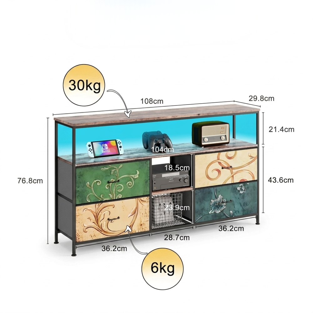 Houten TV Kast - 4 Laden & 1 Open Schelf - LED Verlichting - Verstelbaar IJzeren Frame