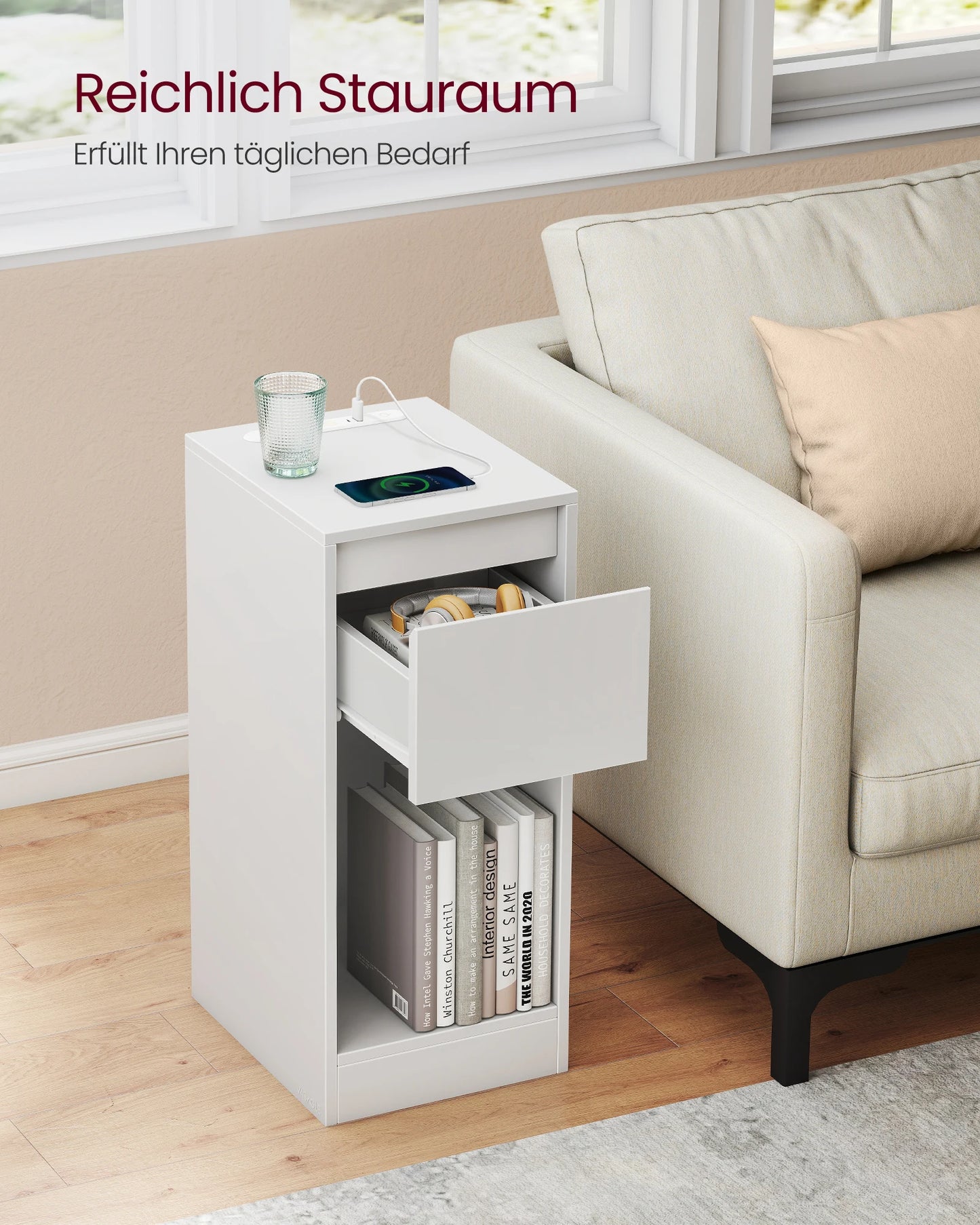 VASAGLE bedside table, narrow, side table table, LED lighting, 1 USB-A port, 1 USB-C port, drawer, open compartment