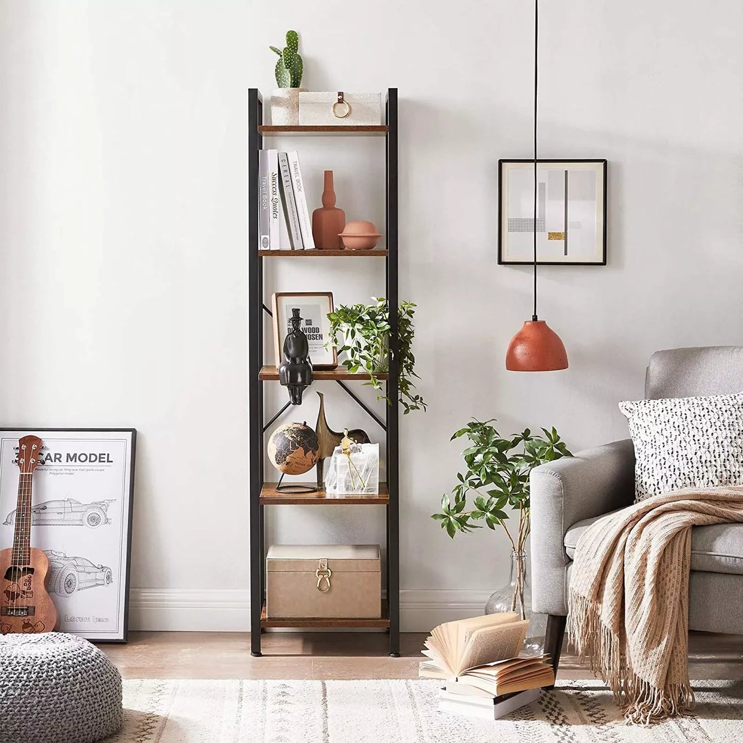 In And OutdoorMatch Boekenkast Charlene - Opbergrek - 5 Lagen - Open Planken - Kantoor - Woonkamer - Slaapkamer - 40x30x146cm - Vintage Bruin/Zwart storage rack