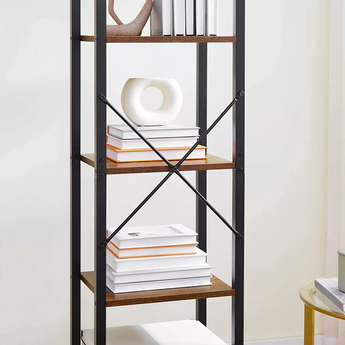 In And OutdoorMatch Boekenkast Charlene - Opbergrek - 5 Lagen - Open Planken - Kantoor - Woonkamer - Slaapkamer - 40x30x146cm - Vintage Bruin/Zwart storage rack