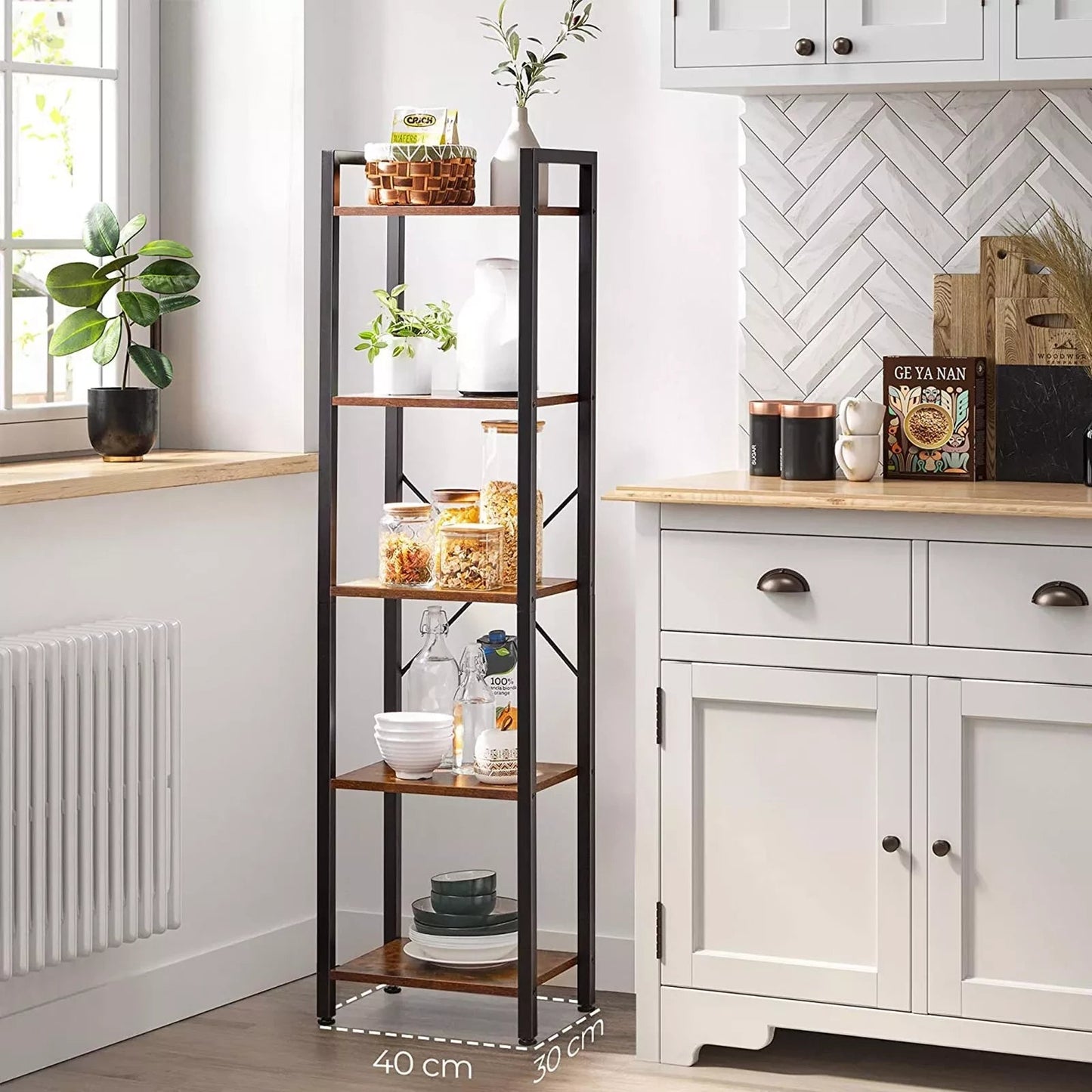 In And OutdoorMatch Boekenkast Charlene - Opbergrek - 5 Lagen - Open Planken - Kantoor - Woonkamer - Slaapkamer - 40x30x146cm - Vintage Bruin/Zwart storage rack