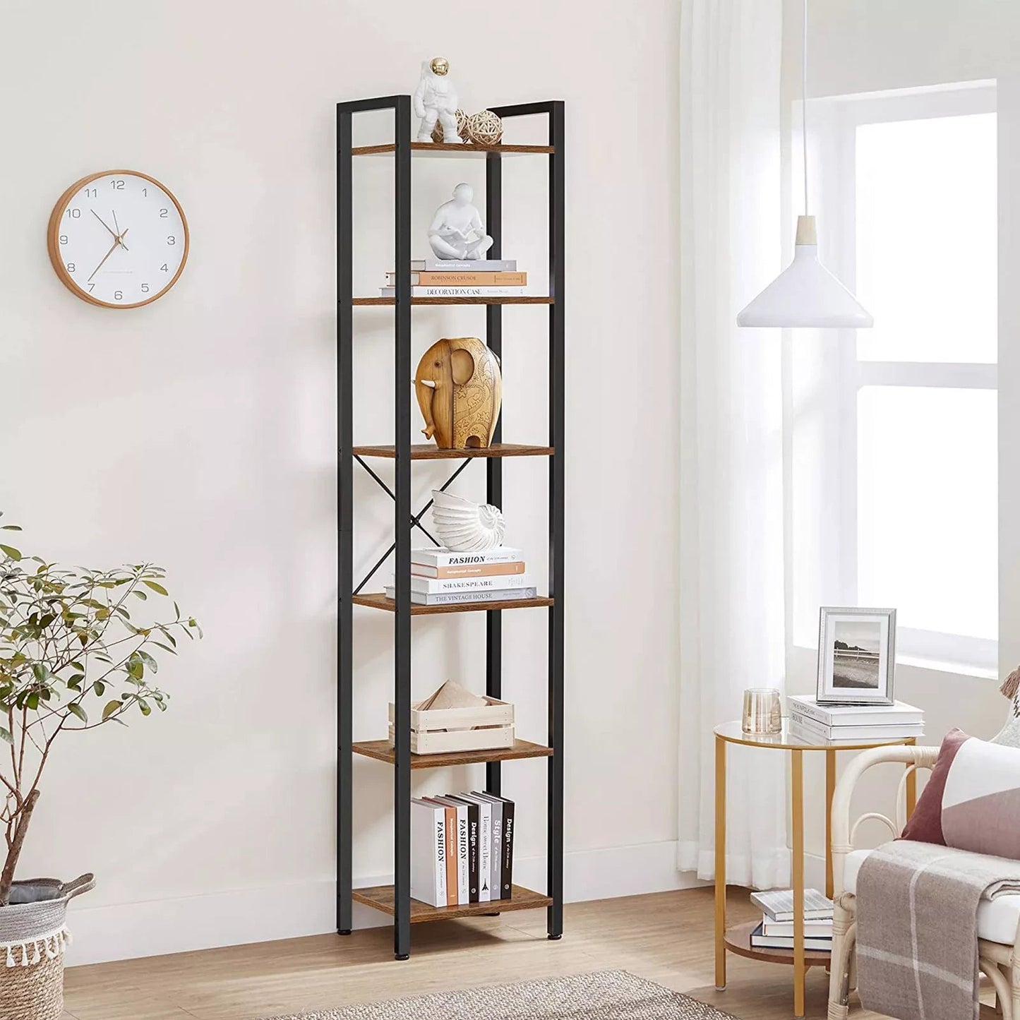 In And OutdoorMatch Boekenkast Raoul - Opbergrek - 6 Lagen - Open Planken - Kantoor - Woonkamer - Slaapkamer - 40x30x178.6cm - Vintage Bruin/Zwart Boekenkast