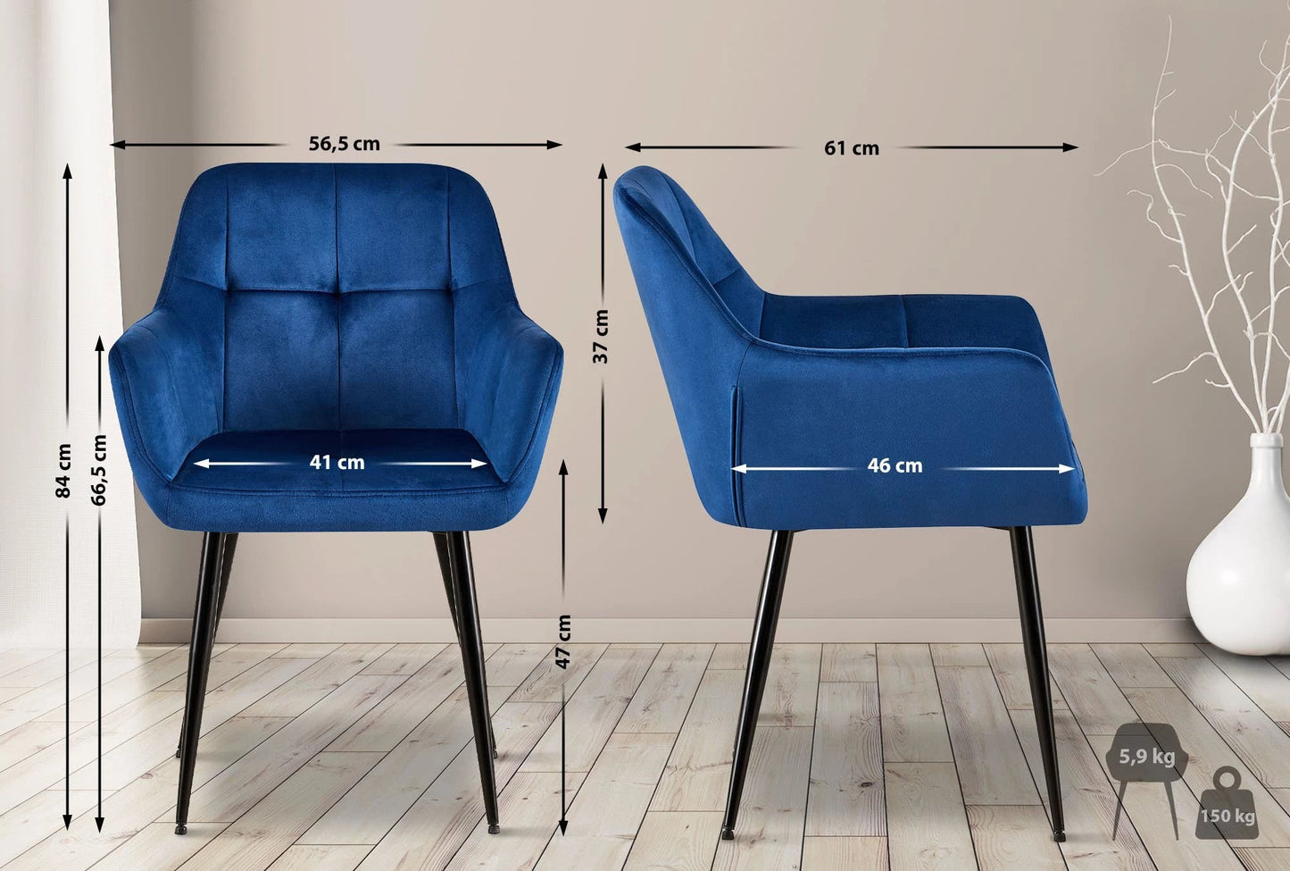 In And OutdoorMatch Eetkamerstoel Coleen - Blauw - Set van 2 - Fluweel - Hoge kwaliteit bekleding - Luxe eetkamerstoel - Moderne look Eetkamerstoel