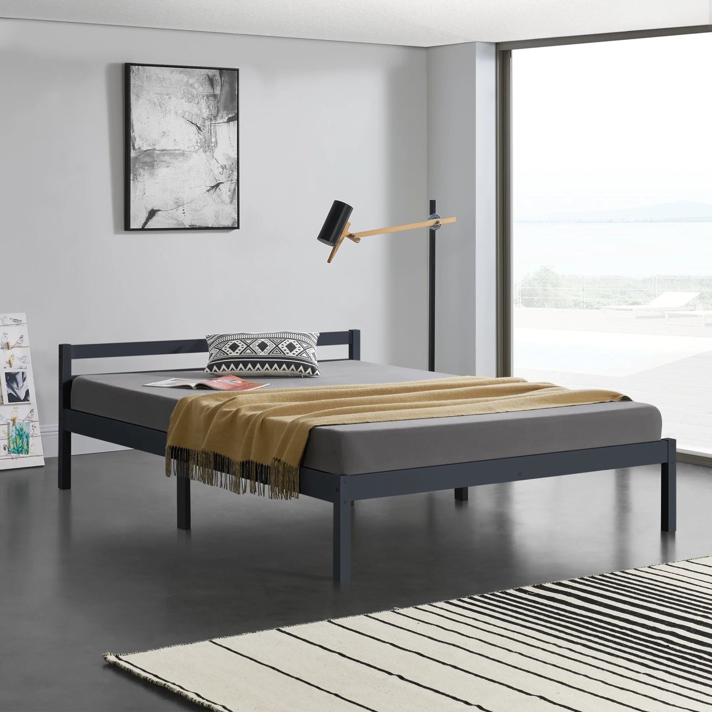 In And OutdoorMatch Houten Bed Jesse - Grenen - Met Bedbodem - 140x200 cm - Donkergrijs - Snelle Montage bed twee personen