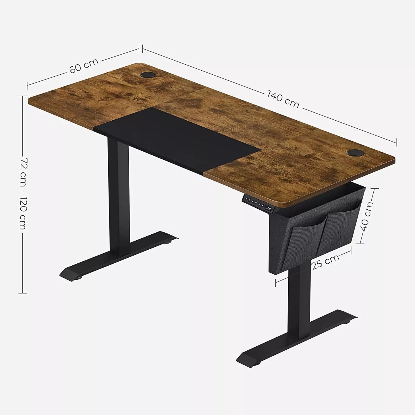 In And OutdoorMatch In Hoogte Verstelbaar Bureau Madelyn - Elektrisch - Traploos Verstelbaar - Deelbaar Werkblad - 4 Opberghoogtes - Stoffen Tas - 120x60x(72-120)cm - Gemaakt van Staal - Vintage Bruin/Zwart Desk