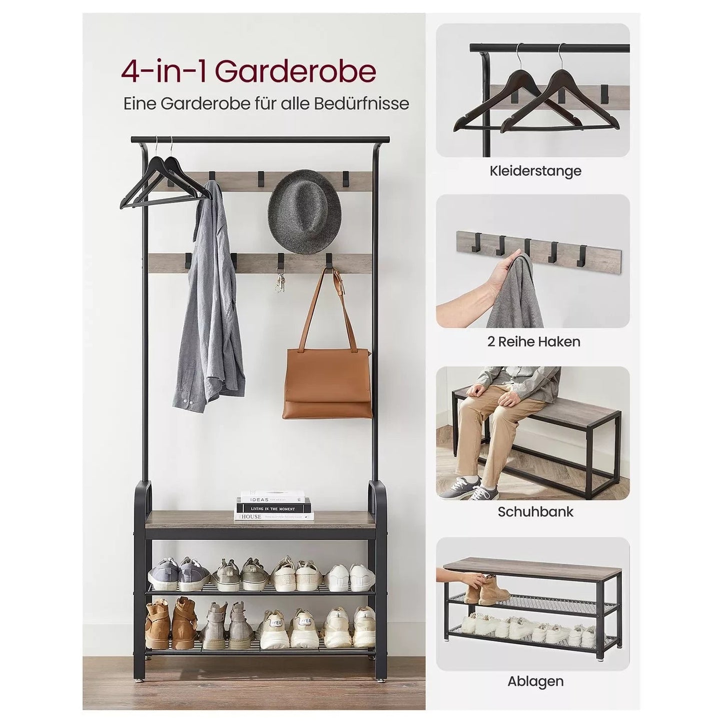 In And OutdoorMatch Kapstok Hillary - Kledingkast - Schoenenrek met Zitting - Kledingrek met 9 afneembare haken - Bank - 2 draadplanken - 183 cm hoog - Industrieel Design - Vintage Bruin/Zwart Kapstok