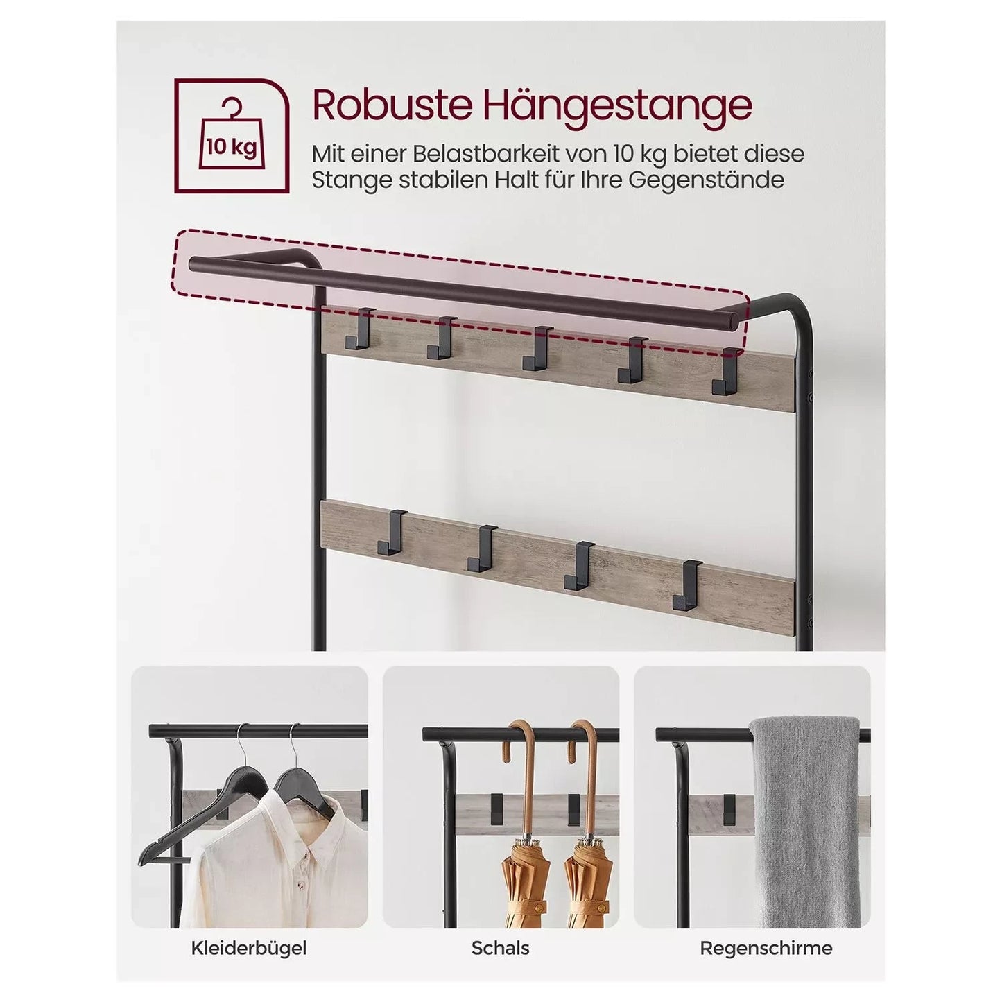 In And OutdoorMatch Kapstok Hillary - Kledingkast - Schoenenrek met Zitting - Kledingrek met 9 afneembare haken - Bank - 2 draadplanken - 183 cm hoog - Industrieel Design - Vintage Bruin/Zwart Kapstok
