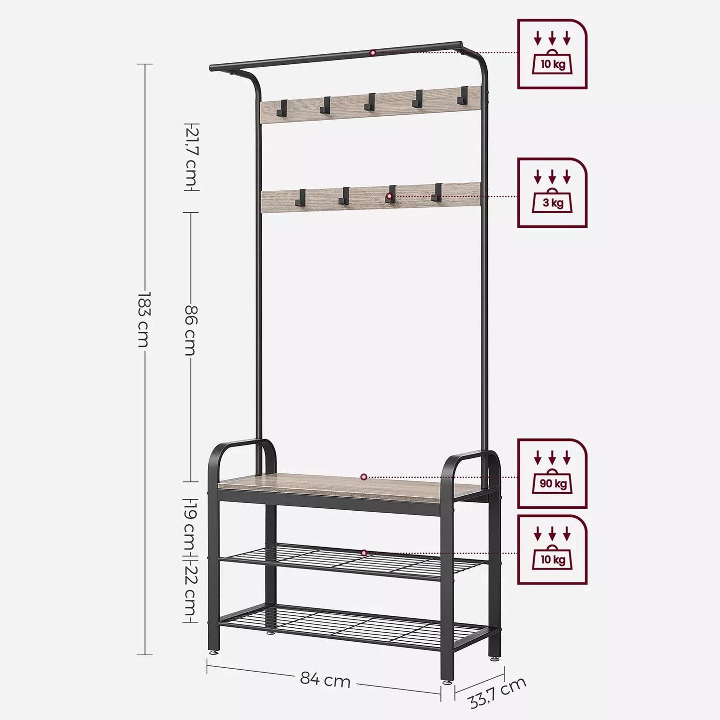 In And OutdoorMatch Kapstok Hillary - Kledingkast - Schoenenrek met Zitting - Kledingrek met 9 afneembare haken - Bank - 2 draadplanken - 183 cm hoog - Industrieel Design - Vintage Bruin/Zwart Kapstok