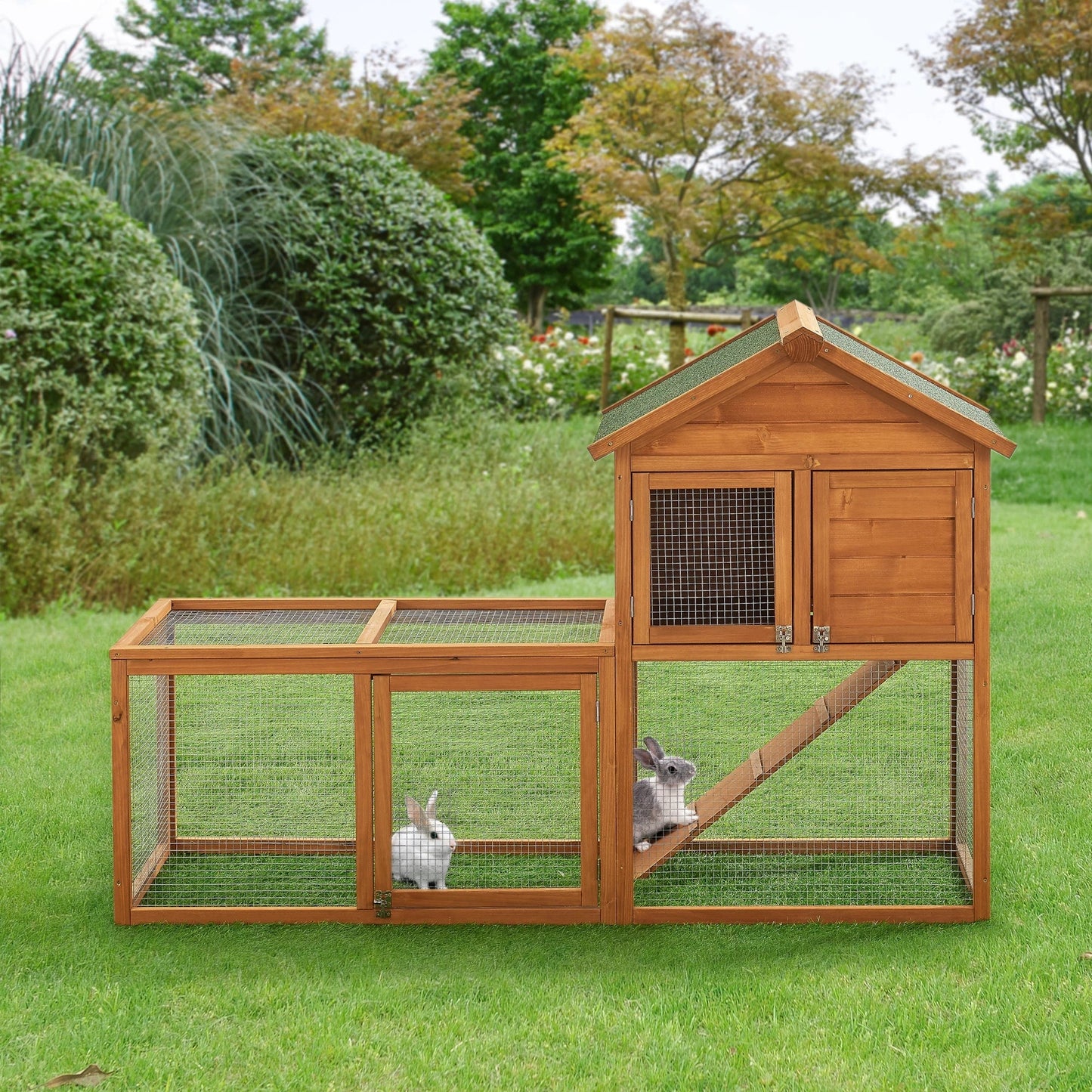 In And OutdoorMatch Konijnenhok Lamar - 110x160x61 cm - Houtkleurig - Grenen en Metaal - Twee Verdiepingen - Voor kleine dieren Dierenkooi
