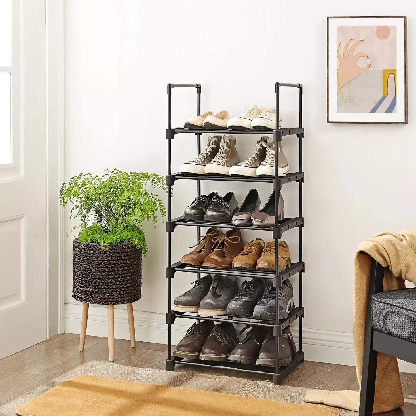 In And OutdoorMatch Schoenenrek metaal Sven - 45x30x106cm - 6 planken - Zwart - Schoenenkast shoe rack