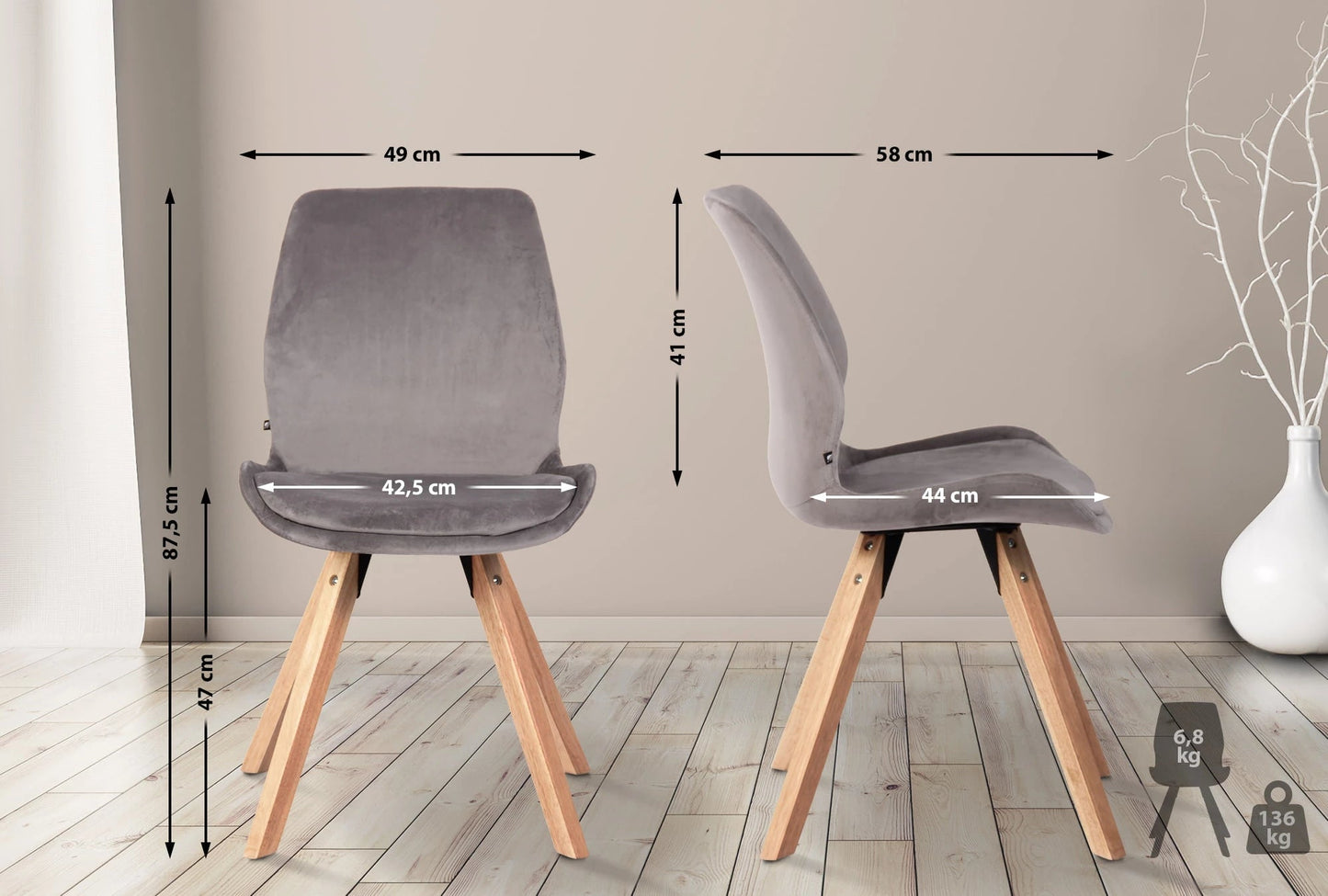 In And OutdoorMatch Stoel Harriet Jarvis - Grijs - Eetkamerstoel - Fluweel en Beukenhout - Hoge Kwaliteit Bekleding - Decoratieve Stoel - Stijlvolle Eetkamerstoel - Moderne Look Eetkamerstoel
