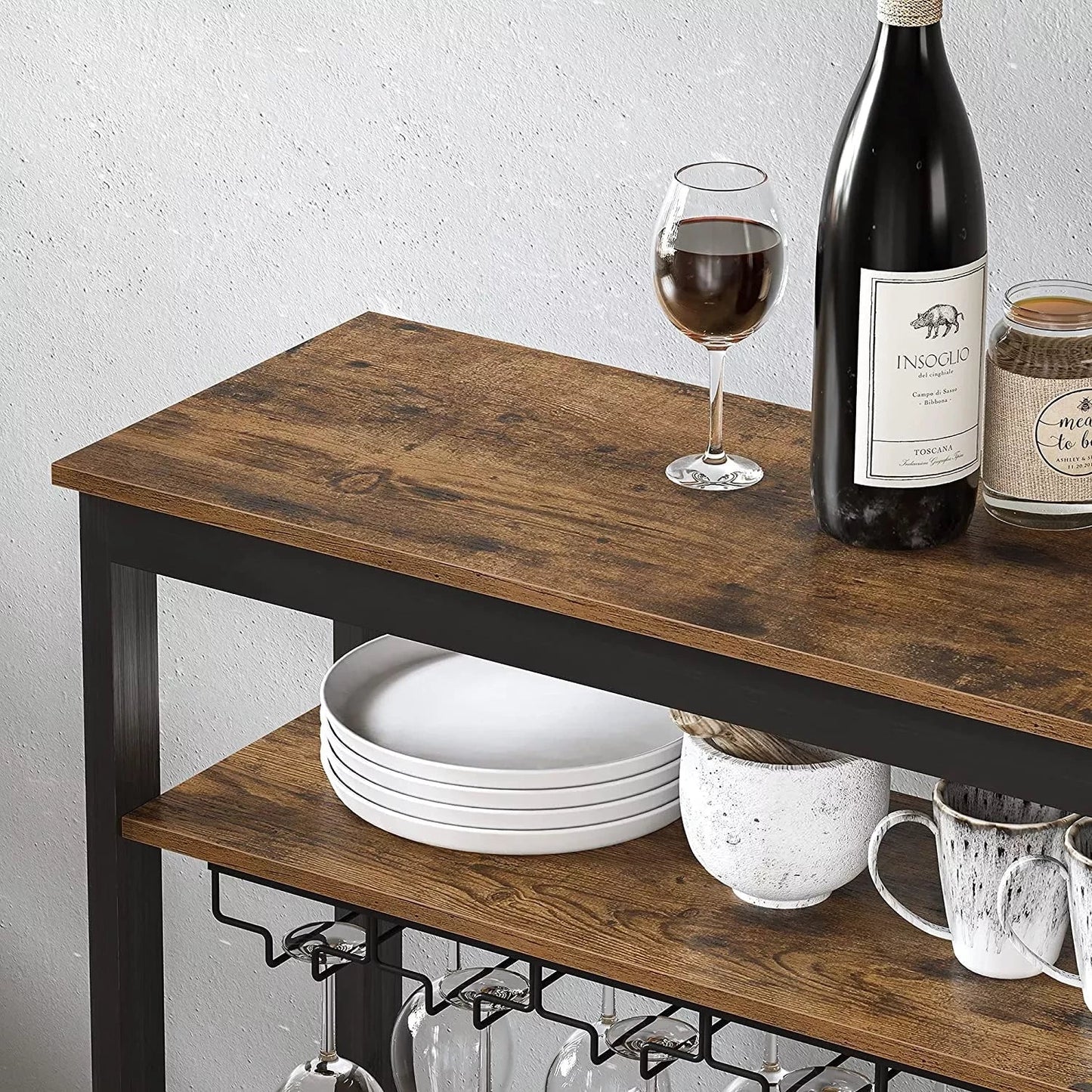 In And OutdoorMatch Wijnrek Clarissa - 24 Flessen Wijnrek - Wijnkast - Vrijstaand - Flessenrek met Glashouders - voor Keuken - Bar - Eetkamer - Vintage Bruin/Zwart storage rack