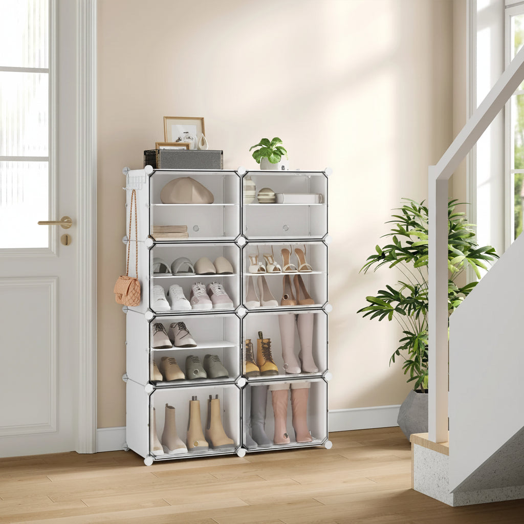 Modulaire Schoenenkast met Deuren – Stapelbaar Schoenenrek met 4/6/8 Vakken, Transparante Opbergkast voor Hal, Woonkamer en Garderobe