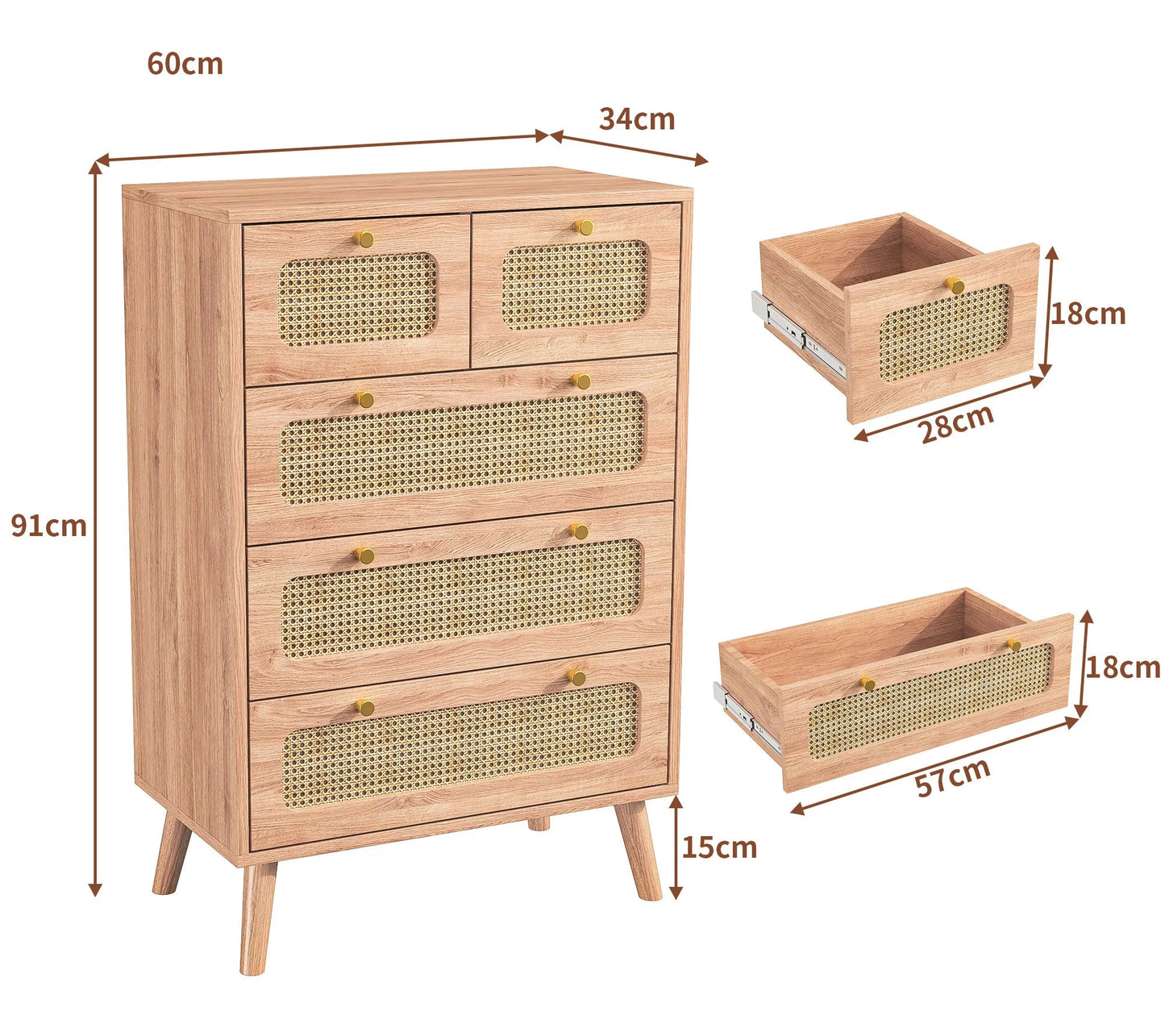 Dressoir met 5 Laden - Rattan Details - Ruime Opbergruimte - Kaki