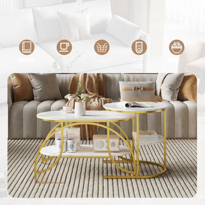Salontafel - 2-Delig - Marmerlook Tafelblad - Gouden Frame