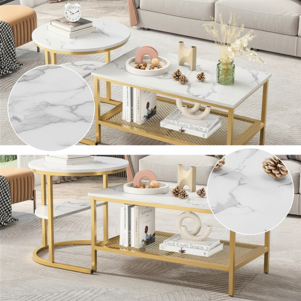 Salontafel Set - 2-Delig - Rond En Rechthoekig - Wit En Goud