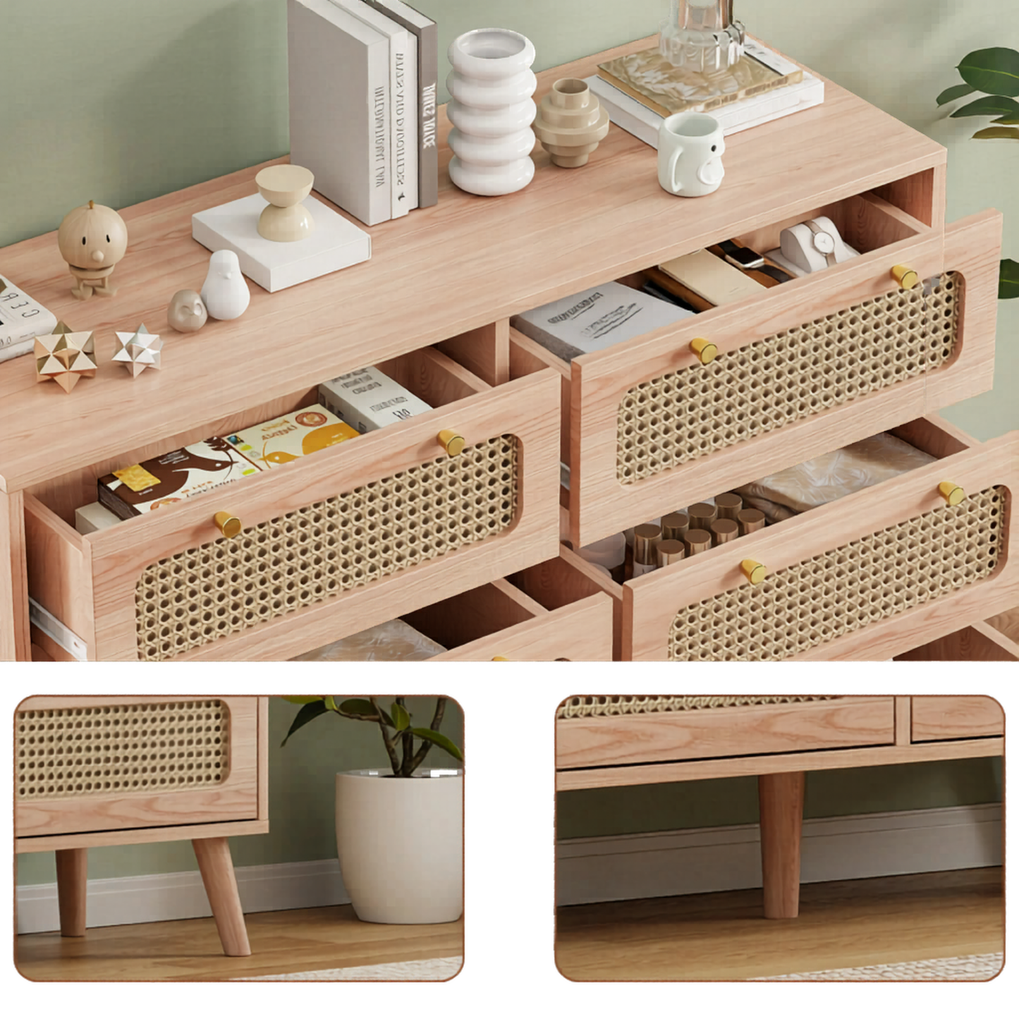 Houten Dressoir - 6 Laden - Natuurlijk Hout