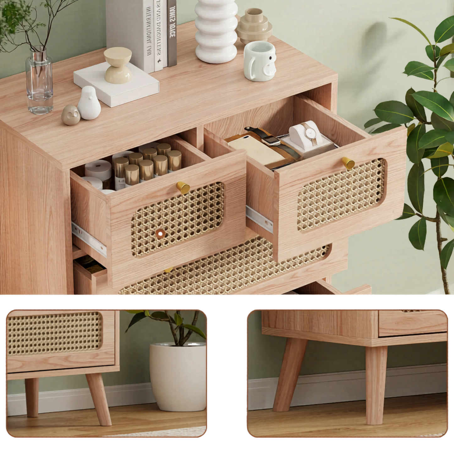 Dressoir met 5 Laden - Rattan Details - Ruime Opbergruimte - Kaki
