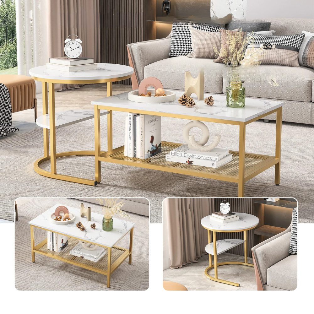 Salontafel Set - 2-Delig - Rond En Rechthoekig - Wit En Goud