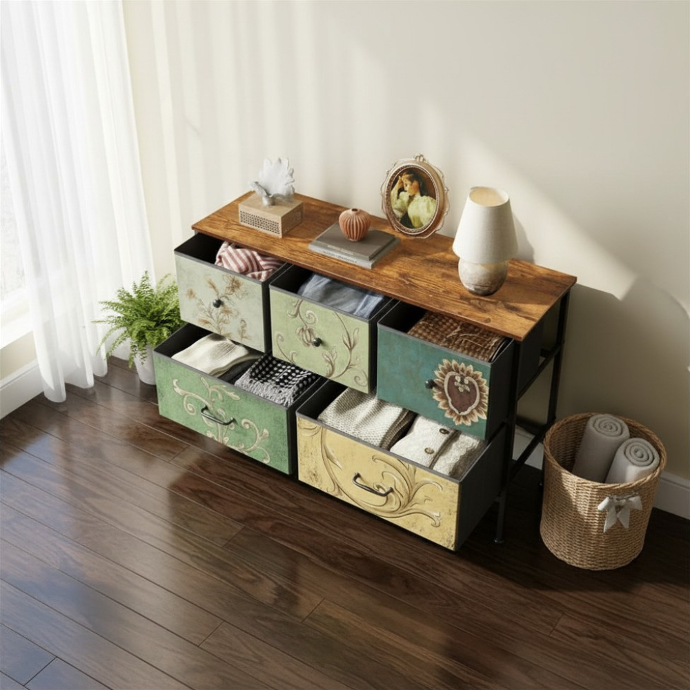 Houten Kast - 5-Trekker - Zwart Frame - Vintage Textuur Effect