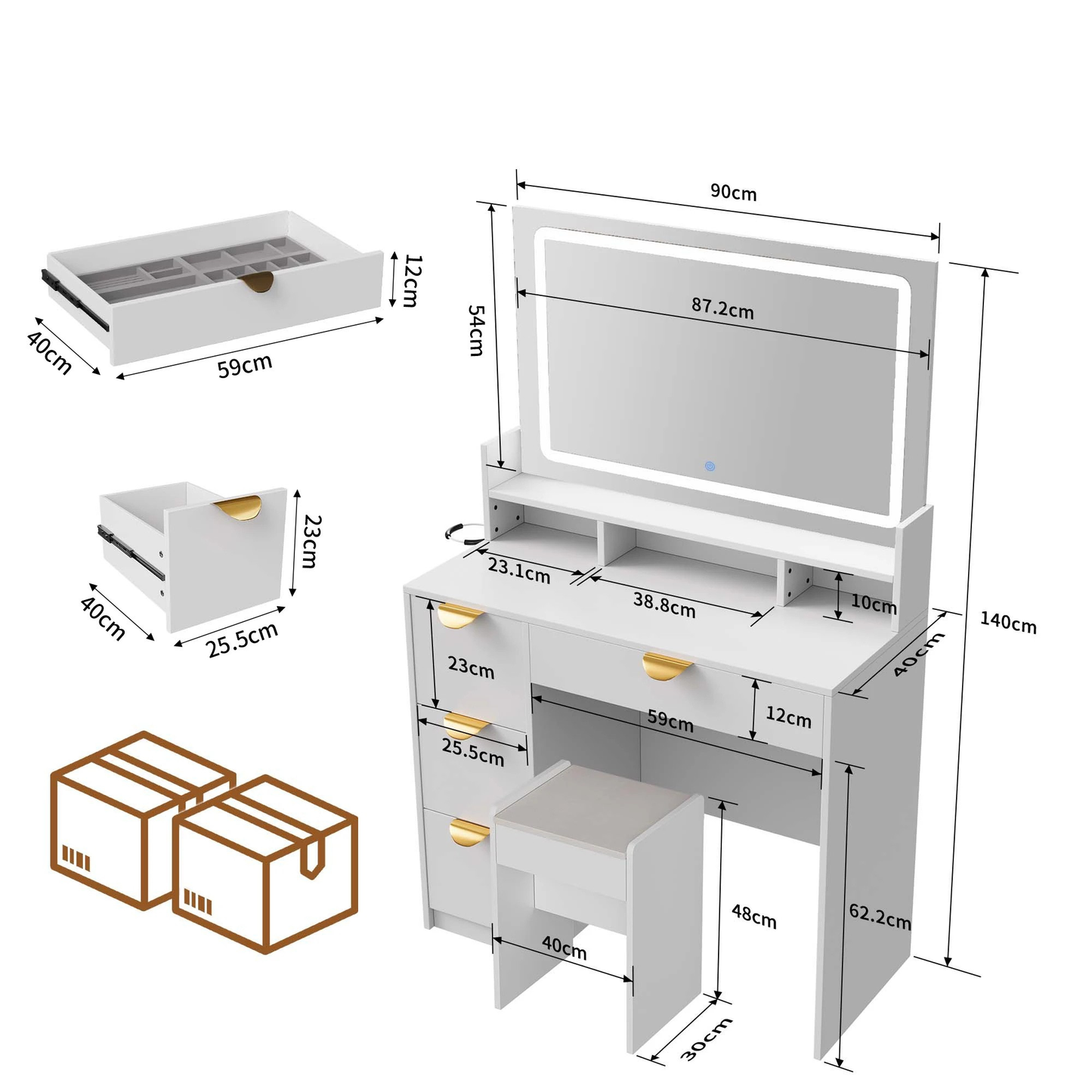 Make-up Tafel - 3-Kleurig Aanpasbaar LED Spiegel - Wit + USB Oplaadpoort - 90x40x140cm
