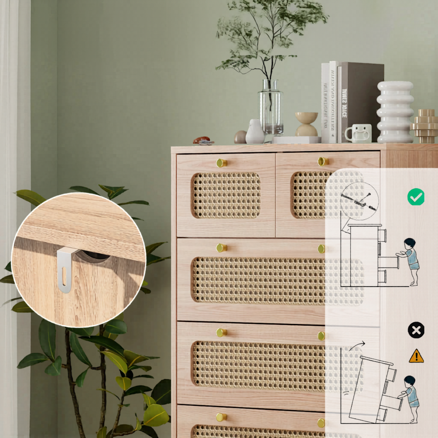 Dressoir met 5 Laden - Rattan Details - Ruime Opbergruimte - Kaki
