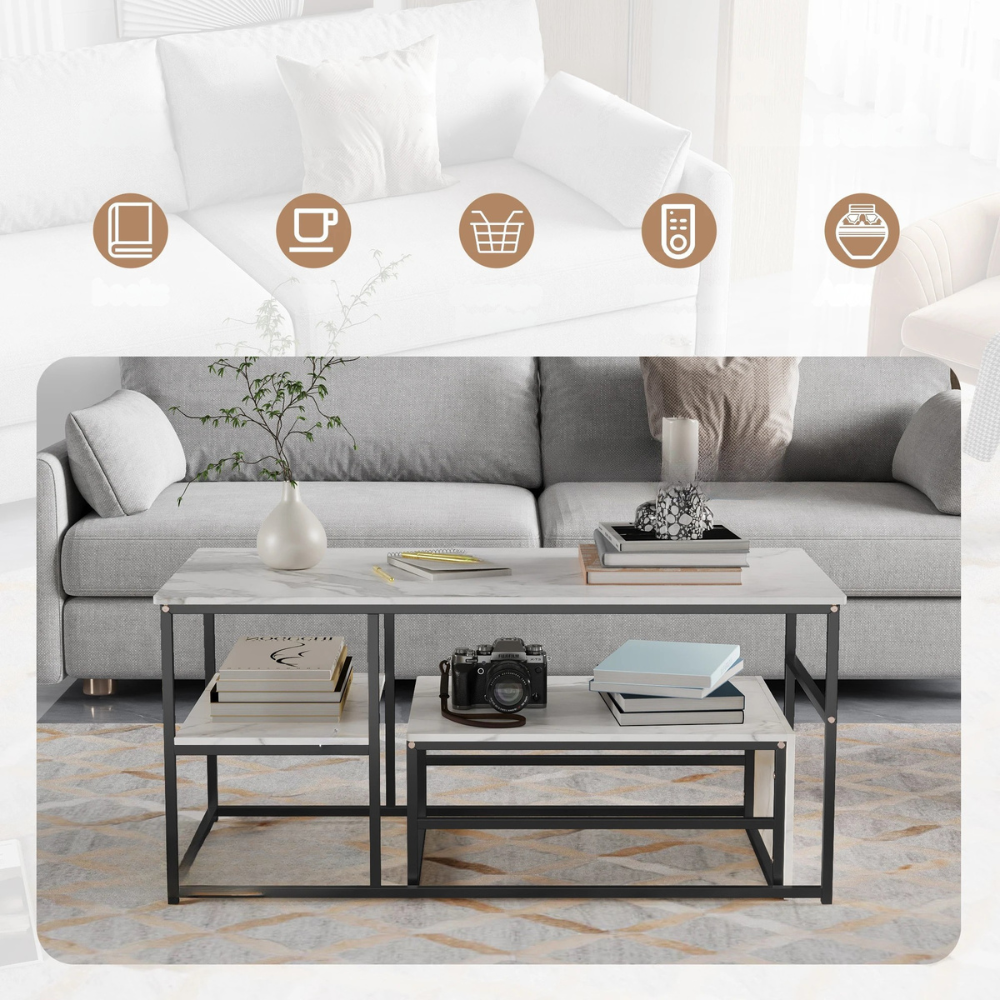 Salontafel - 2-delig - wit tafelblad - Goud - Metalen Frame