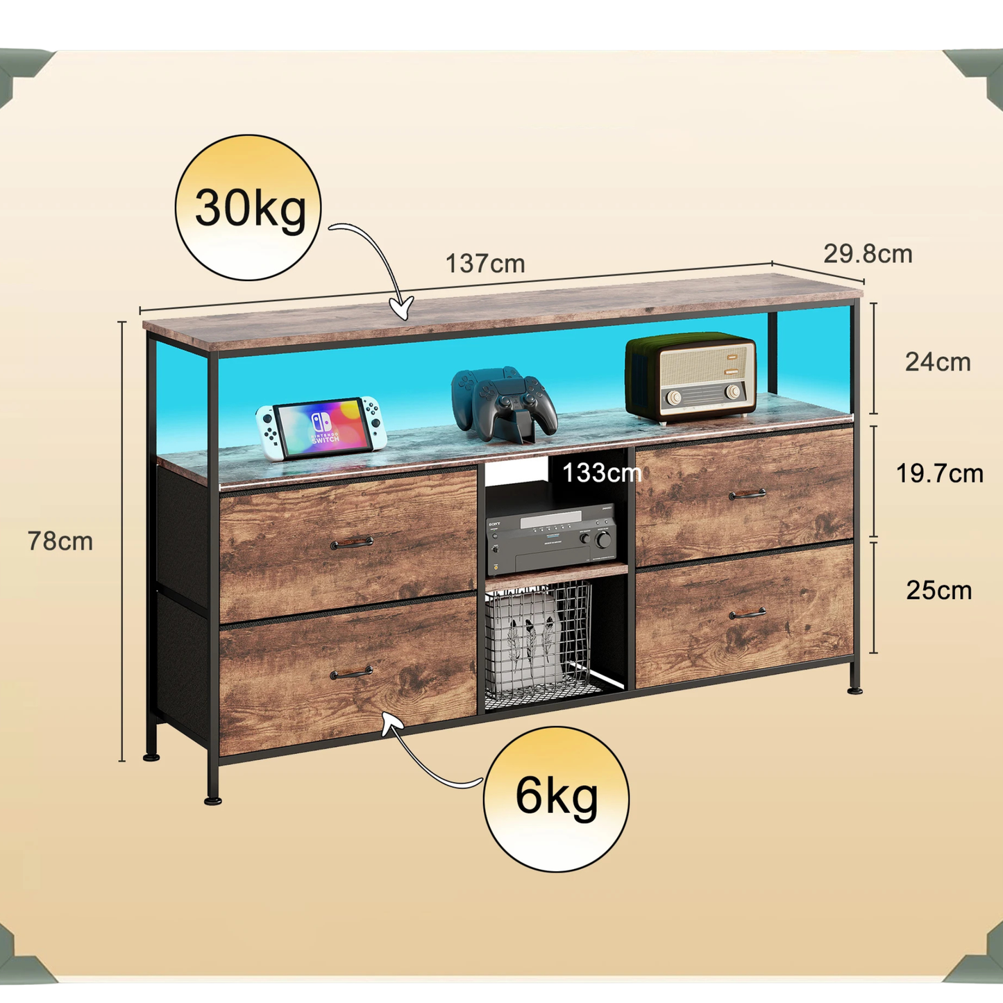 Dressoir - 4 Laden - LED Verlichting - Bruin