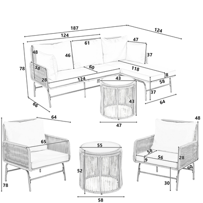 5-Persoons Lounge Set - 2 stoelen - Hoekbank - Bijzettafels - Beige