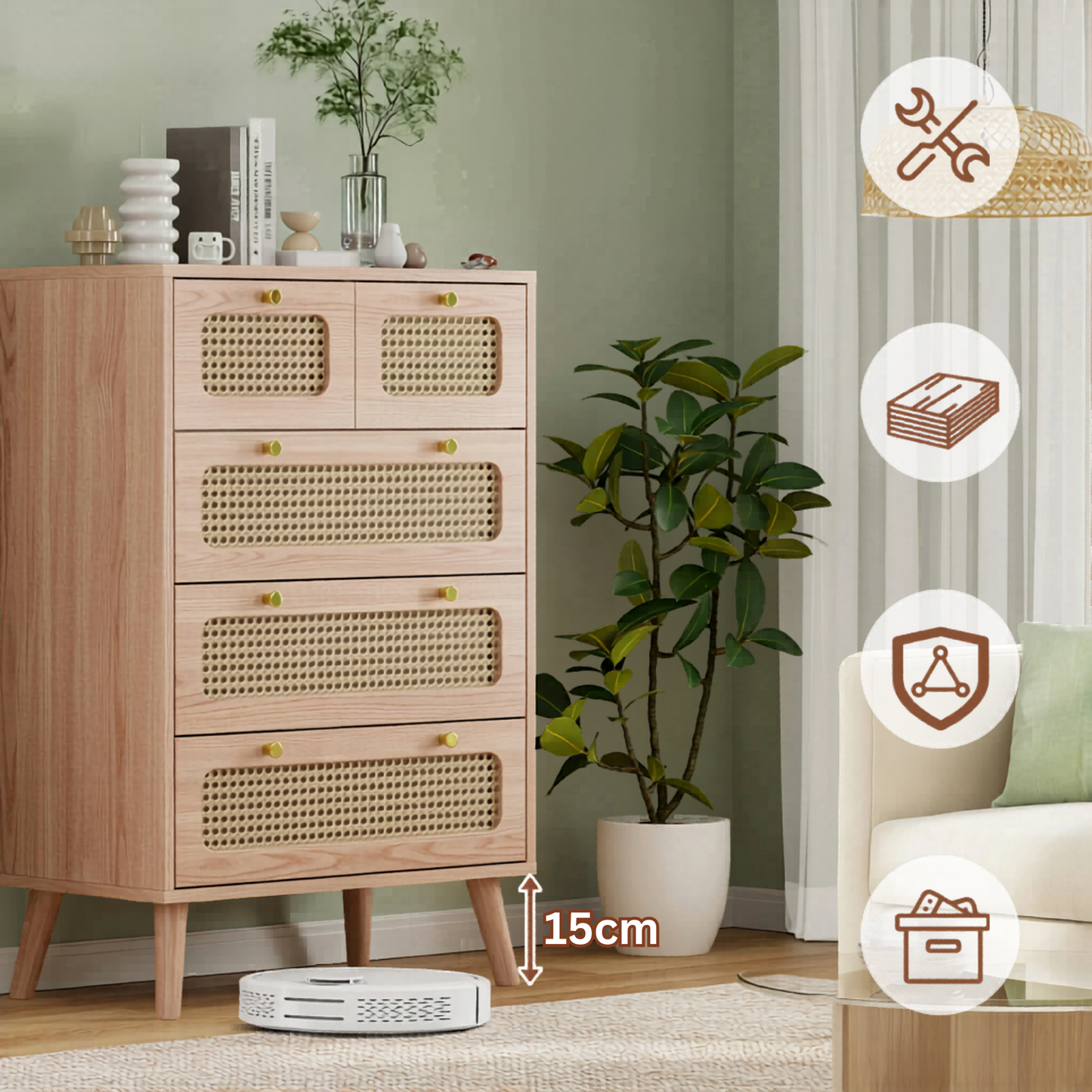 Dressoir met 5 Laden - Rattan Details - Ruime Opbergruimte - Kaki