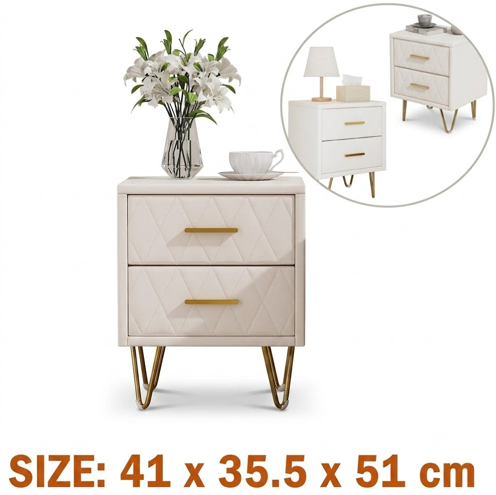 Beige Nachtkastjesset - 2 Stuks - Kunstleren Bekleding, 2 Laden, Modern Design
