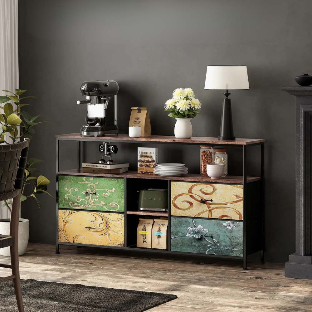 Houten TV Kast - 4 Laden & 1 Open Schelf - LED Verlichting - Verstelbaar IJzeren Frame