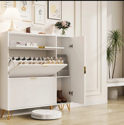 Houten Schoenenkast - 3 Vakken - Wit met Gouden Accenten, Modern Design