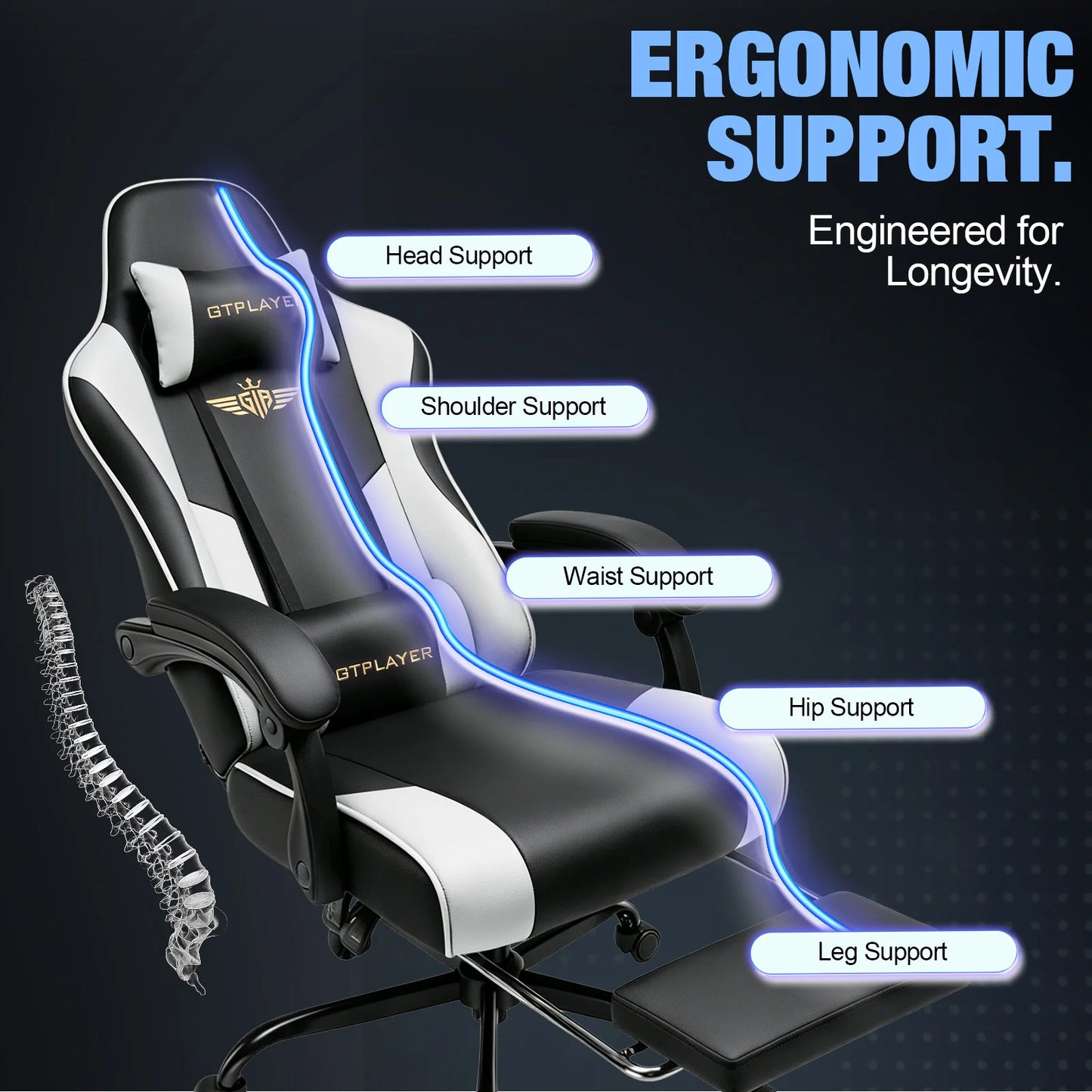 GTPLAYER Gaming chair Chair Gamer armchair-Ergonomic Gamer chair Height Adjustable Padded Gaming chair with Footrest Headrest and Lordo Support