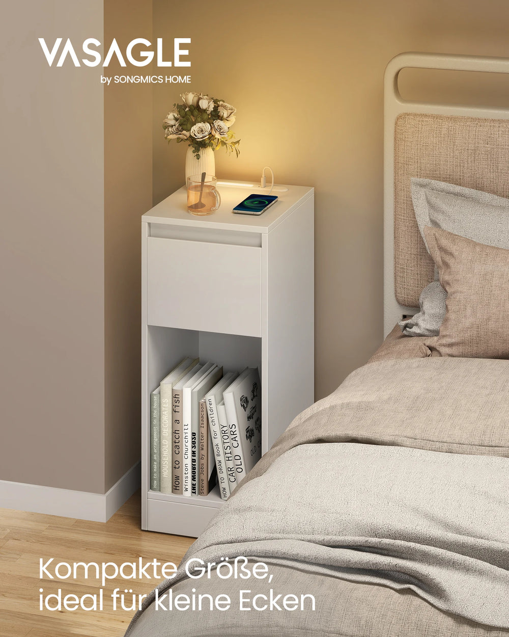 VASAGLE bedside table, narrow, side table table, LED lighting, 1 USB-A port, 1 USB-C port, drawer, open compartment