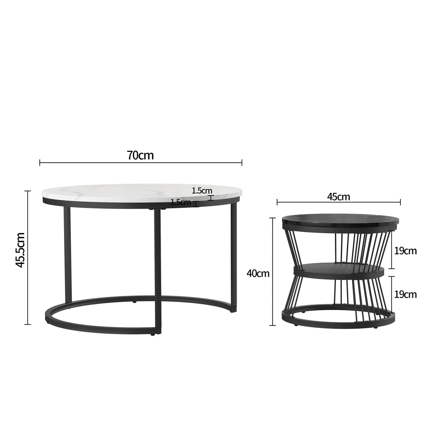 Salontafel - Wit Tafelblad - Zwarte Metalen Frame - Marmeren Patroon