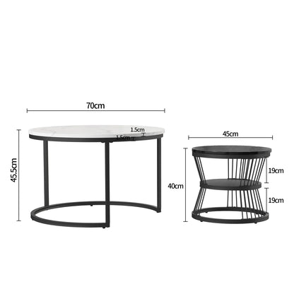 Salontafel - Wit Tafelblad - Zwarte Metalen Frame - Marmeren Patroon