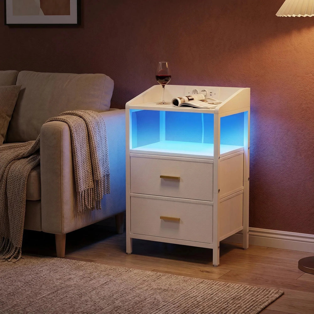Bedside Table set of 2, with LED Lights and Charging Station, Side Table with 2 Fabric Drawers and Shelves, White