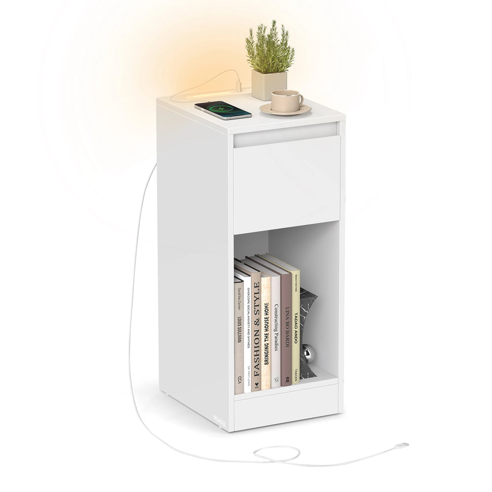 VASAGLE bedside table, narrow, side table table, LED lighting, 1 USB-A port, 1 USB-C port, drawer, open compartment