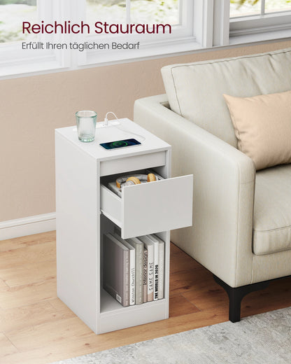 VASAGLE bedside table, narrow, side table table, LED lighting, 1 USB-A port, 1 USB-C port, drawer, open compartment