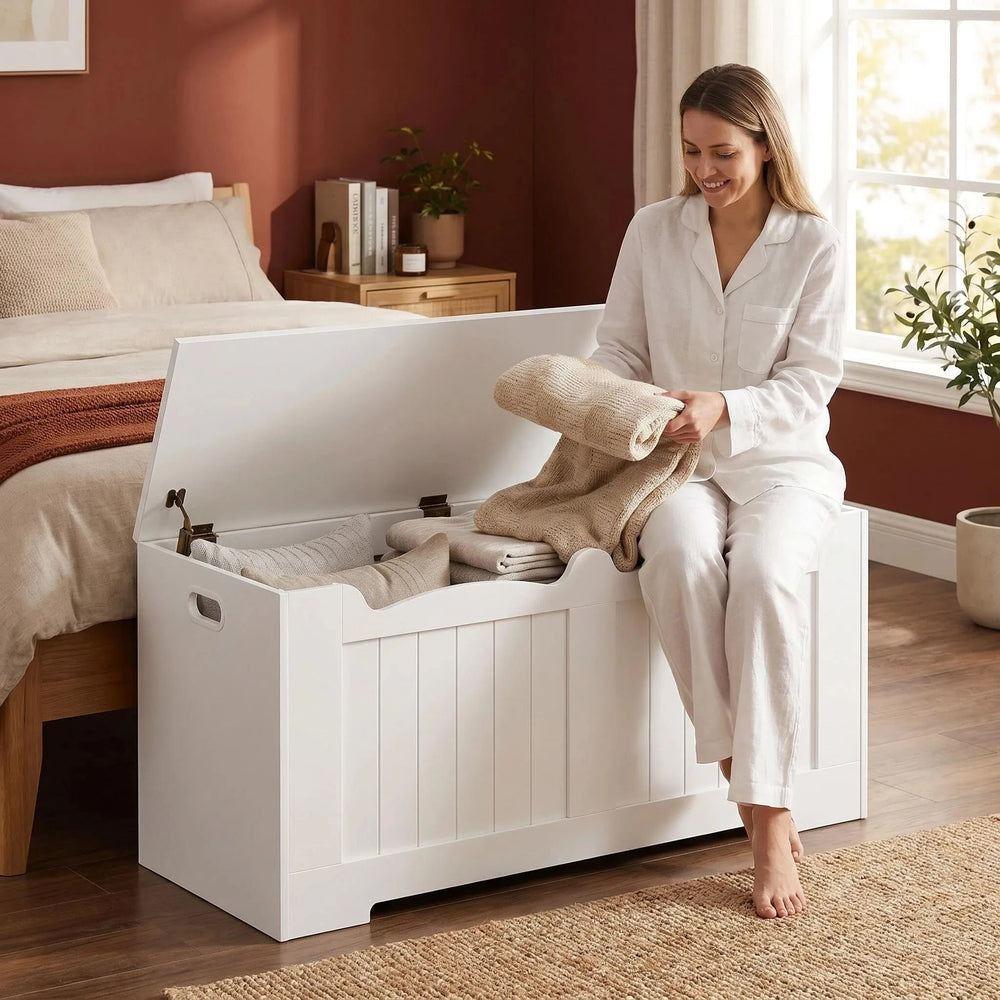 Storage Chest, Storage Trunk with 2 Safety Hinge, 100 cm Lift-Top Storage Bench, Wooden Storage Organizer for Entryway