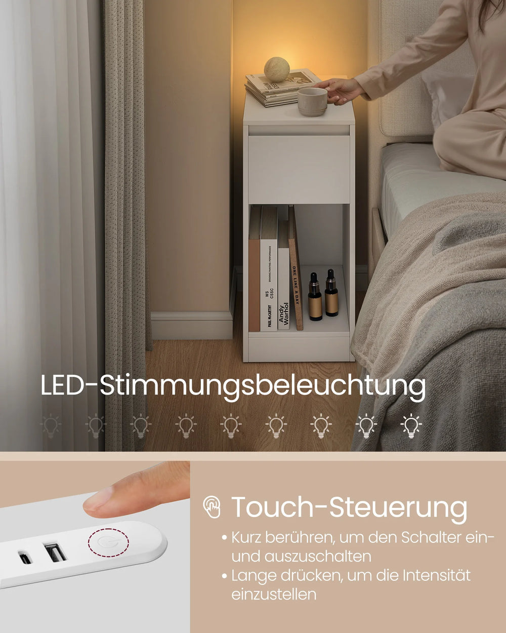 VASAGLE bedside table, narrow, side table table, LED lighting, 1 USB-A port, 1 USB-C port, drawer, open compartment