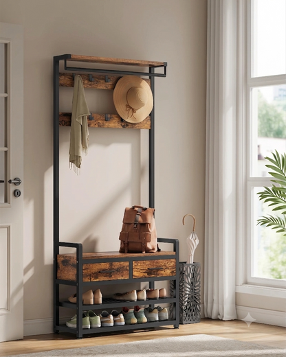 Kapstok met Schoenenbank en Opberglades – Garderobe met 10 Haken, Kledingroede en Opbergrek – Industrieel Design