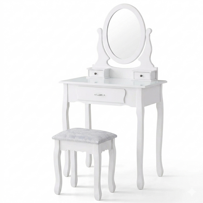 Kunstleren Vanitytafel - Set met Spiegel en Stoel - 3 Laden - Wit