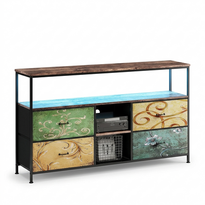 Houten TV Kast - 4 Laden & 1 Open Schelf - LED Verlichting - Verstelbaar IJzeren Frame