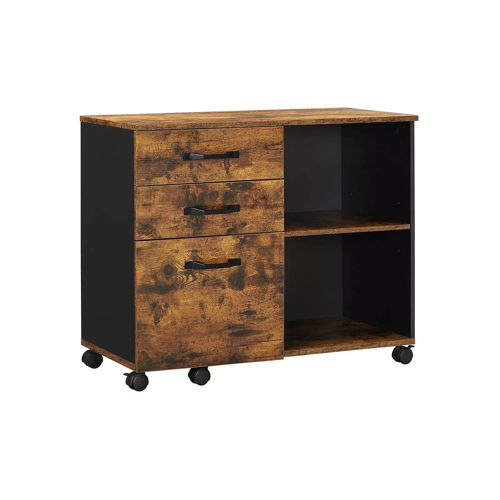 In And OutdoorMatch Archiefkast Ransom - Verrijdbare Container - Verrijdbaar - Met Wielen - 3 Laden - Industriële Stijl - Vintage Bruin/Zwart Kast
