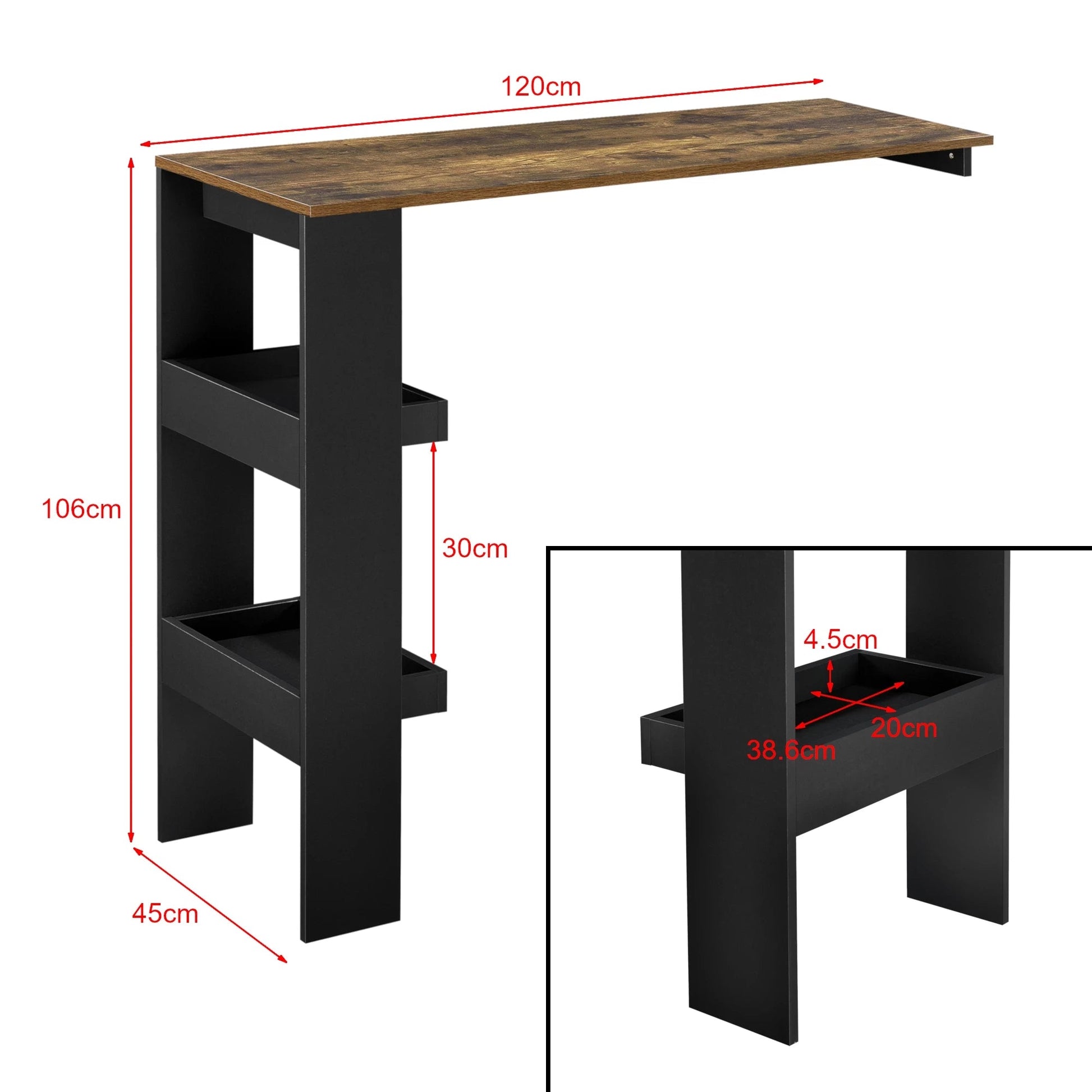 In And OutdoorMatch Bartafel Isac - Wandmontage - 120x45x106cm - Zwart en Eikenkleurig - Modern Design Bar table