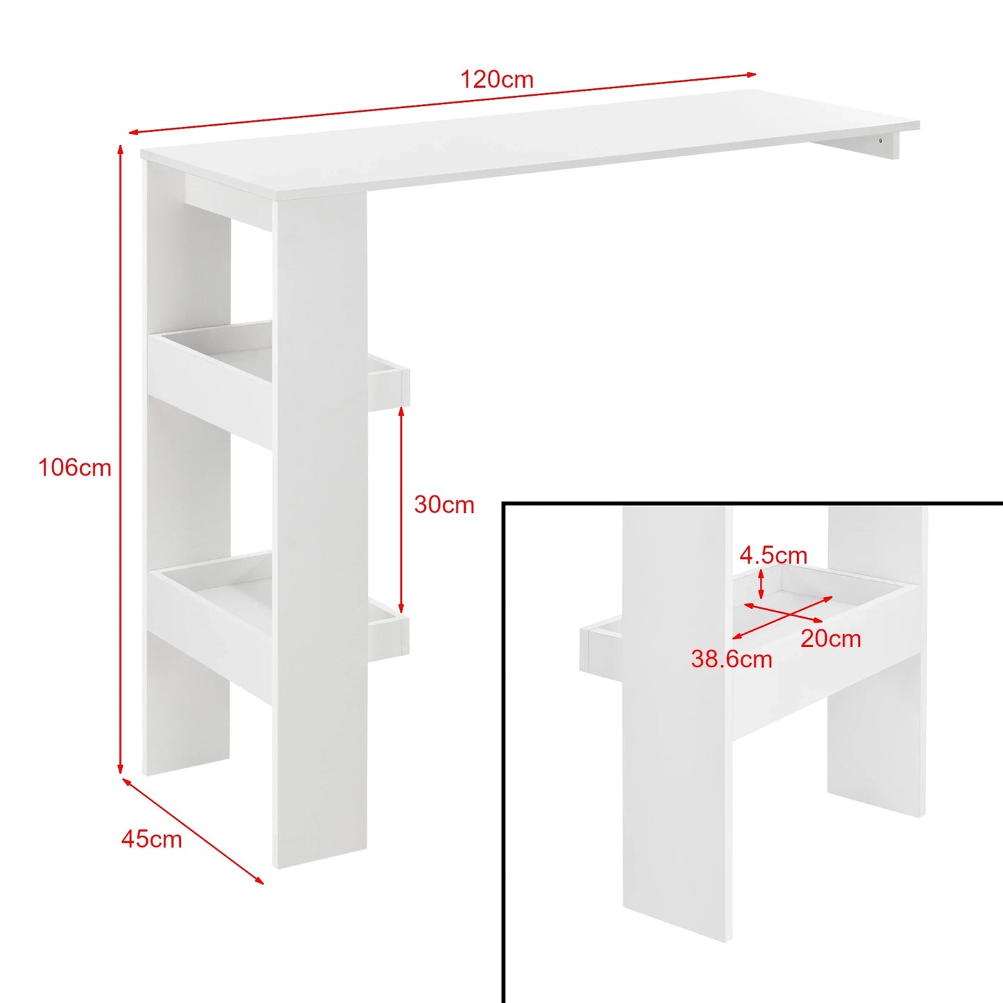 In And OutdoorMatch Bartafel Janessa - 2 Planken - Wandmontage - 120x45x106 - Wit - Modern Design Bar table